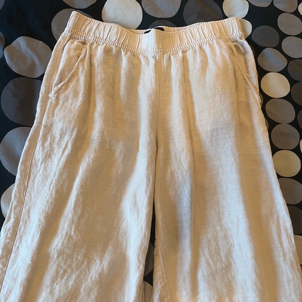 Tahari Neutral Tan Elastic Waist Linen Pants